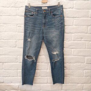Madewell Skinny Jeans Womens 31 High Rise Blue Distressed Stretch Crop Short Raw